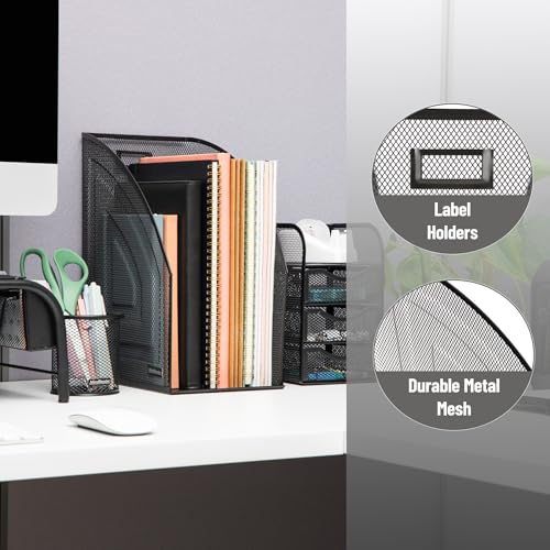 Mind Reader Vertical File Organizers, Desktop File Holders for Folders, Magazines, and Paperwork, Workspace Organizer, Metal Mesh, Set of 2, Black