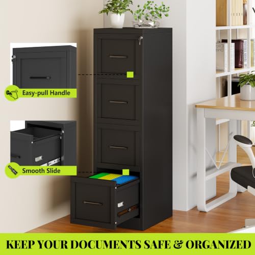 GDNVBRDS 4-Drawer Metal File Cabinet with Lock, Tall Narrow Vertical, Black