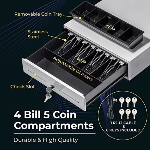 Volcora 13" Cash Register Drawer for Point of Sale (POS) System with 4 Bill 5 Coin Cash Tray, Removable Coin Compartment, 24V, RJ11/RJ12 Key-Lock, Media Slot, White - for Stores, Shops and Businesses