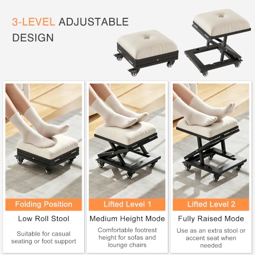 VECELO Foot Rest Under Desk at Work, Height Adjustable Rolling Foot Stool Set of 2 with Wheels, Cushioned Seat for Living Room, Bedroom, Home Office, Beige
