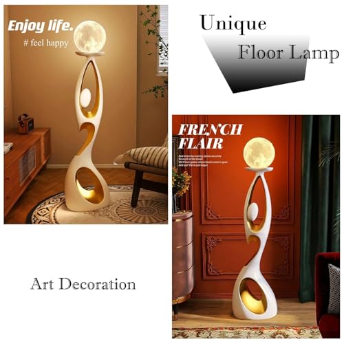 EOQIFJM Modern Nordic Abstract Art Moon Floor Lamp, Standing Sculpture Light, Figurine Light 3-Color Touch Cordless Rechargeable 3D Printed for Living Room Bedroom Tall Corner Lamp(White)