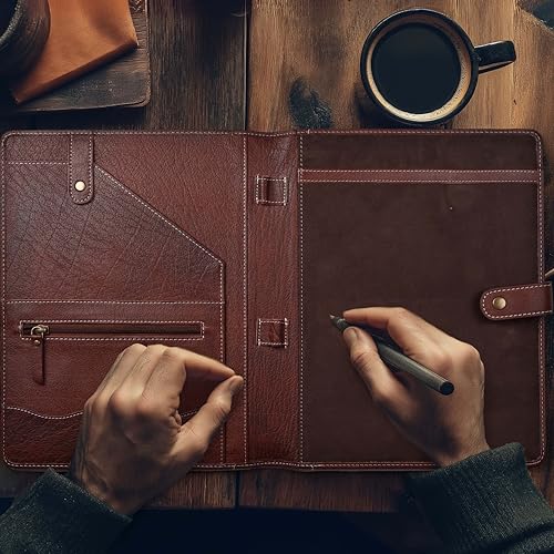 DHAMPOOH Genuine Leather Portfolio – Red Brown Professional Organizer & Resume Folder, Antique Leather Business Document Padfolio with Writing Pad, Ideal Gift for Men & Women