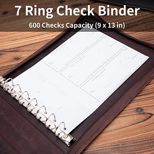 Geslun Leather 7 Ring Check Binder, 3-On-A-Page for 600 Checks (9 x 13”)