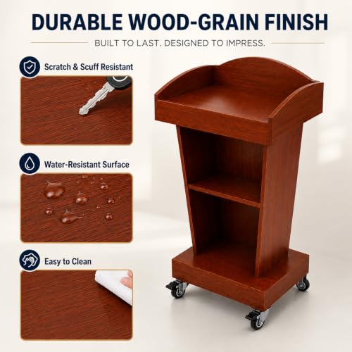 Wooden Pulpit Lectern Podium with Wheels and Storage for Church Classroom