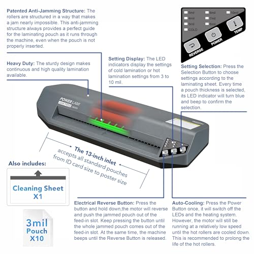 SINCHI 13" Commercial Laminator | 3–10 Mil, 4-Roller, 48s Warm-Up, 17s/Sheet, Heavy Duty No-Jam Design, Works with Cardstock & Dark Prints, Includes 10 Sheets, Ideal for Office, School & Business