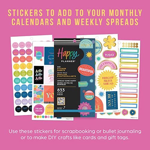 Happy Planner Sticker Pack for Calendars, Journals, and Diary Planners, Multicoloured Scrapbook Accessories, Spread Some Happy Theme, Mini Size, 30 Sheets, 833 Total Stickers
