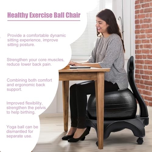 EXCLURA Blue Yoga Ball Chair for Office Desk, Ergonomic Exercise Ball Stool with Base, Stability Ball Chair for Adults/Pregnancy/Heavy People