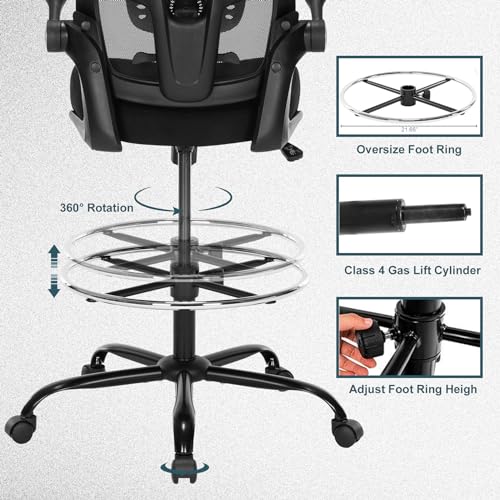 Luckyear Ergonomic Drafting Chair – Tall Office Chair for Standing Desk, Adjustable Height Mesh Chair with Footrest and Flip-Up Arms, Counter Stool, Black