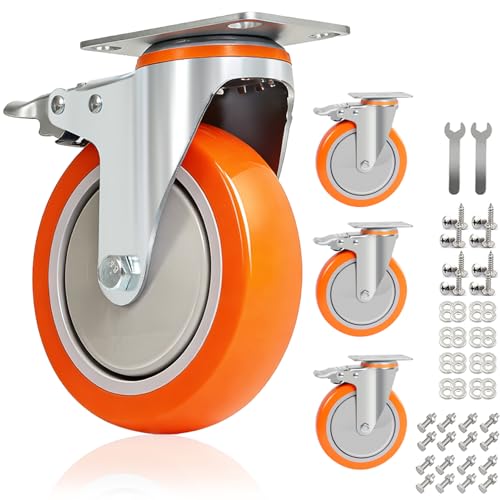 6 Inch Swivel Caster Wheels Set of 4, 2600lb Capacity, Silent Polyurethane Wheels with Locking Brakes – Industrial Plate Mount Casters for Heavy Equipment, Furniture Dollies, Tool Carts