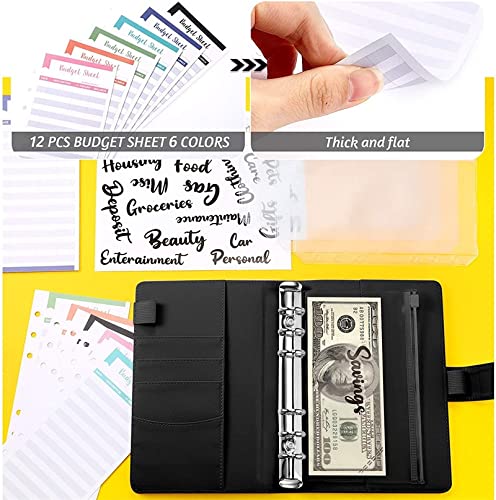 A6 Glitter PU Leather Binder Budget Envelope Planner Organizer System with Clear Zipper Pockets Expense Sheets(6)