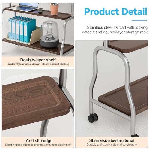 Newuzis Mobile TV Stand, 32-75 Inch Rolling TV Cart with Locking Wheels 2-Tier Storage Shelves 110lbs Capacity for Home Office Classroom Stainless Steel