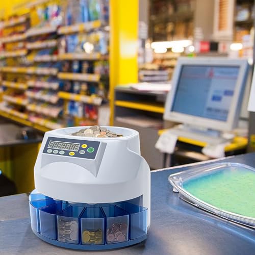 REHOUPTU 8 Slots Electronic Coin Sorter, 110V 45W Multi-functionality Electronic Coin Counter, Coin Counter, Accommodate 300-500 Units, Use for Businesses, Shops, Homes (Grey+Blue)