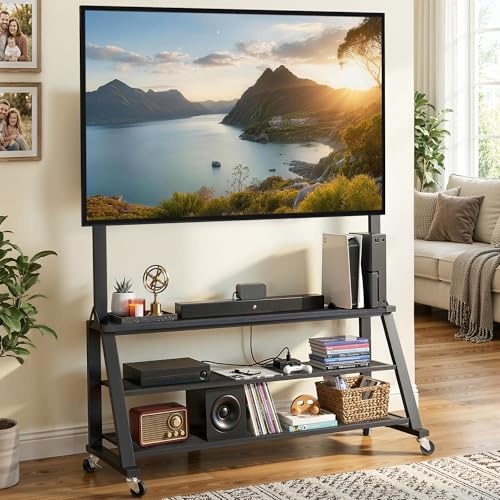 YITAHOME Rolling TV Stand with Mount for up to 75 Inch TVs, Black Oak