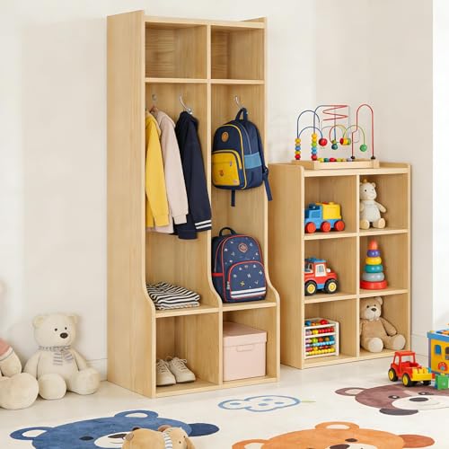 LALFPET Coat Locker with 2 Sections – 4 Storage Cubbies and 4 Hooks – Durable Organizer for Home, Study Room, Nursery, Kindergarten – Easy Access
