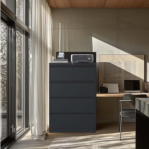 Merax WideFile Cabinet 4 Drawer, Black Filing Cabinet with Lock Home Office