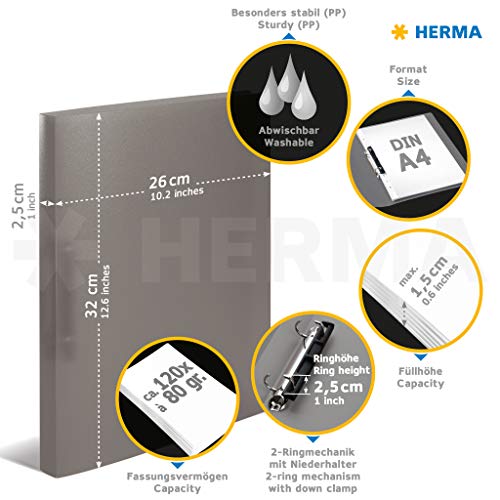 HERMA Ring Binders A4 Black Translucent Set 60 Pieces Slim 2 Rings 25mm Wide Plastic Ring Binder with Holdback for Kids, Boys and Girls