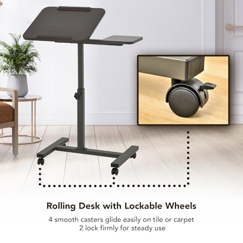 Displays By Jack Adjustable Height Rolling Laptop Desk with Tilting Top & Side Shelf – Mobile Sit Stand Computer Table on Wheels for Home Office, Classroom, Study Room