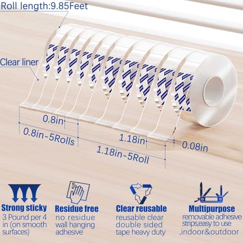 ZMUAXUAN 10 Rolls-9.85 FT Double Sided Mounting Tape Heavy Duty Removable,Clear Thick Nano Tape Adhesive Reusable,Wall Poster Picture Hanging Strips Putty, Sticky Tack Gel Glue for Hangers,Photo