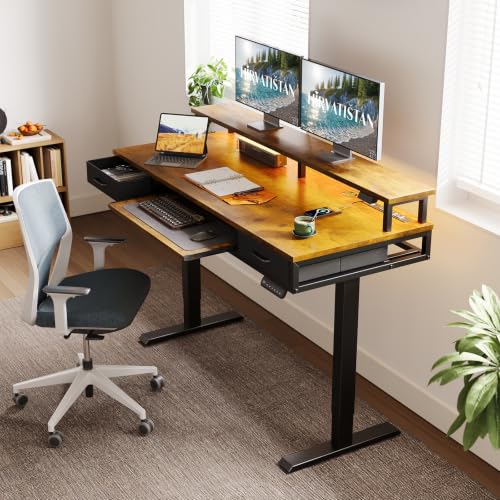 AODK 55 Inch Standing Desk with Drawers & Keyboard Tray, Rustic Brown