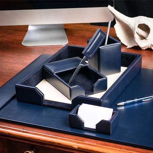 Dacasso Bonded Set Luxury Leather Desk Pad & Desk Organization Essentials, 7 Piece, Navy Blue