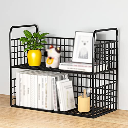 VHDY85KA Bookcase 2-Tier Metal Desktop Bookshelf Desktop Organizers for Office Desk Display Shelf Desktop Corner Organizer and Storage for Dorm, Home, Cosmetics, Black Modern(Large)