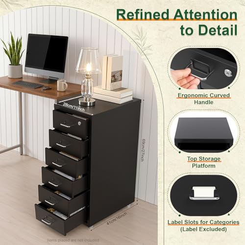 Eypkaol Vertical File Cabinet, 6 Drawer Rolling File Cabinet Mobile, Cold-Rolled Steel Storage Organizer with Wheels, Anti-Fall Drawers, 22 Lbs Per Tier, for Home Office, Study, Craft Room (Black)