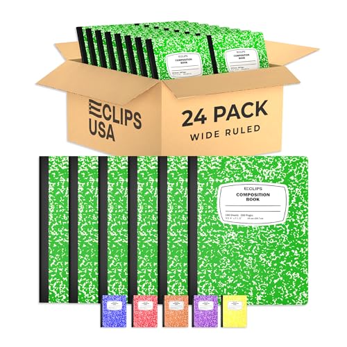 Composition Notebook Wide Ruled Composition Notebooks Bulk Green Marble Hard Cover Wide Ruled Notebook Paper Note Books For Schools Marble Composition Books 100 Sheets 200 Pages 9.75” x 7.25” (24 Pack, Green)