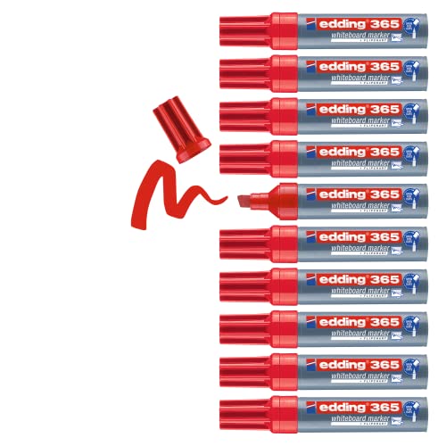 Edding 365 Whiteboard Marker Pen - Red - 10 Pens - Chisel Tip 2-7mm - For Whiteboard, Glass, Slate, Easel - Dry Erase Without Residue, No Dry