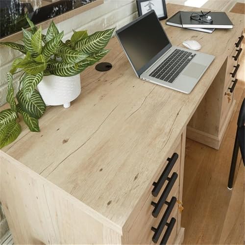 Pemberly Row 60" Engineered Wood Knee Space Credenza Desk, Prime Oak Finish, Sturdy Office Storage Desk with Melamine Top, Locking Drawers, Cord Management System, Finished for Versatile Placement