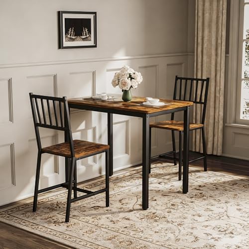 KEIKI 3-Piece Dining Table Set, Bar Table with 2 Dining Chairs, Kitchen Table Counter with Chairs, Space Saving Dinette for Kitchen, Living Room, Brown