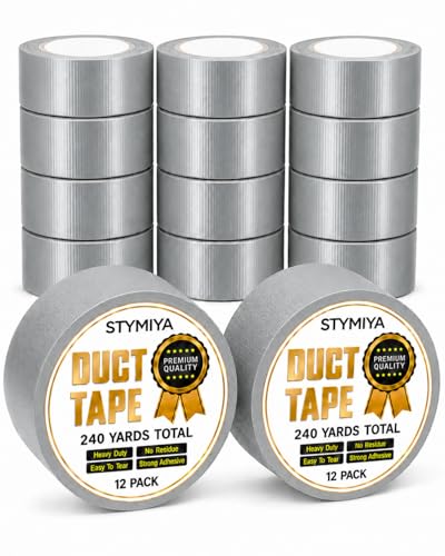 Stymiya 12 Pack Silver Duct Tape Bulk: Heavy Duty Wide Waterproof Outdoor Furniture Repair Tape- Strong Adhesive Weather UV Resistant No-Residue Masking Tapes Patterns Variety Pack