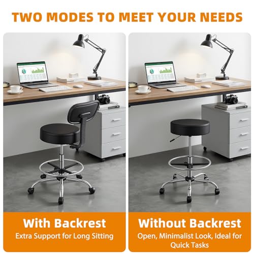 Drafting Stool with Backrest, Height Adjustable Office Desk Chair, Faux Leather Swivel Round Rolling Stool with Adjustable Foot Rest for Office Spa Studio Lab Counter Salon Home Work Bar Kitchen Sho