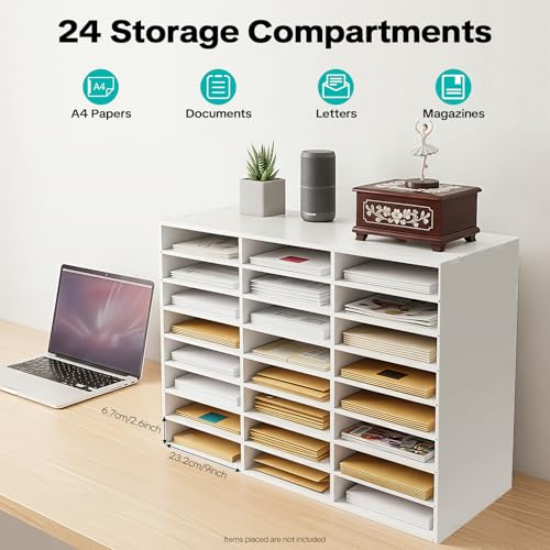 MhdunueSK Literature Organizer,Desktop File Sorter Mail Center,Paper Storage Cabinet with 24 Slots Compartments,Suitable for Home School Office (24 Slots White)