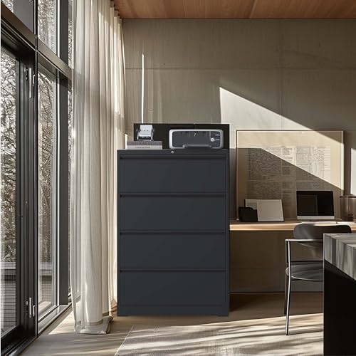 4 Drawer File Cabinet, Metal Office Cabinet with Lock, Black Lateral Filling Cabinets with Quiet Full-Extension Slides for Letter/Legal/F4/A4 Hanging Files, Assembly Required (4 Drawer, Black)