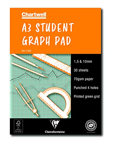 Clairefontaine - Ref J13BZ - Chartwell Graph Pad (Contains 30 Sheets) - A3 (420 x 297mm) Sized, 1, 5 & 10mm Square Rulings, 70gsm Punched Paper, FSC-Certified