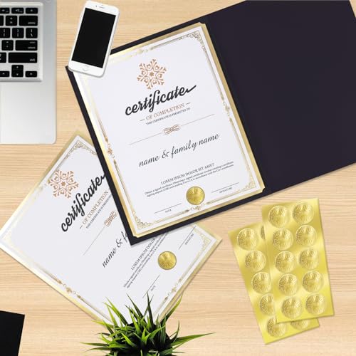 75 Pcs Certificate Paper Kit, 25 Gold foil Border Award Certificate Holders & 25 pcs 8.5x11 Inches Certificate Paper & 25 Certificate Seals Stickers for Graduation Diploma, Award Accomplishment.