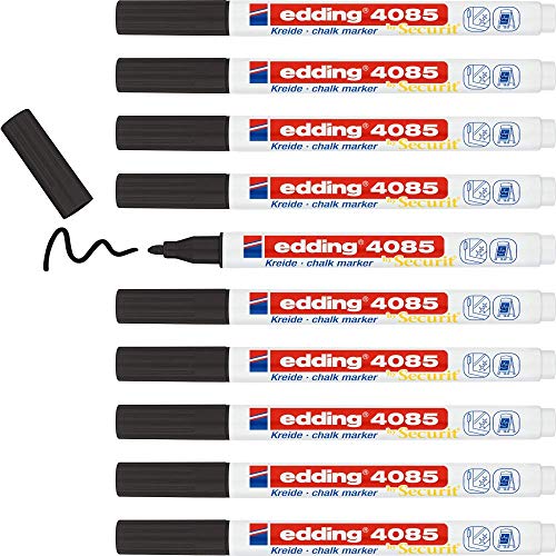 edding 4085 Chalk Marker - Black - 10 Chalk Pens - Round Tip 1-2 mm - Fine-Tipped Wet Wipe Pen for Chalkboards, Windows, Glass, Mirrors - Liquid Chalk Marker Pens for Opaque Coverage