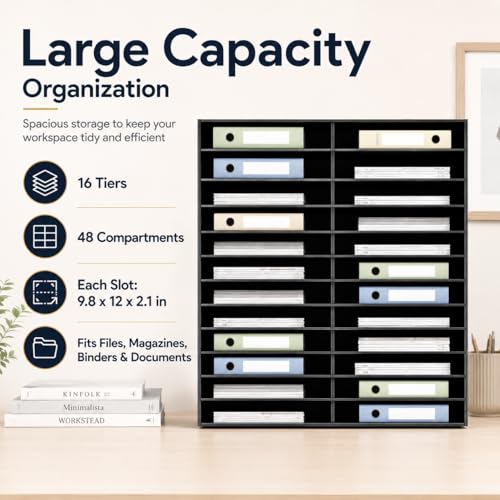 48-Slot Mail Sorter Wood Literature Organizer, 16 Tier Bill Paper Organizer Cabinet, 110lb Capacity - Desk Student Mailbox for Classroom, Office, Home, Document Storage & Magazine Display, Black