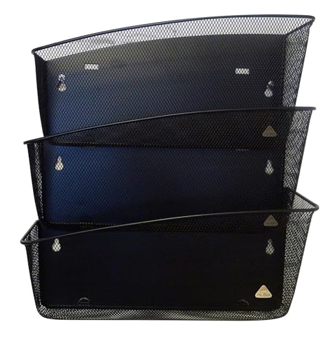 Alba Mesh 3 Pocket Wall File Organizer, Steel Hanging Document Holder for A4 Landscape Forms, Folders, Office Paperwork, Classrooms Shared Work Areas, 16 x 14 x 5-Inches, Black