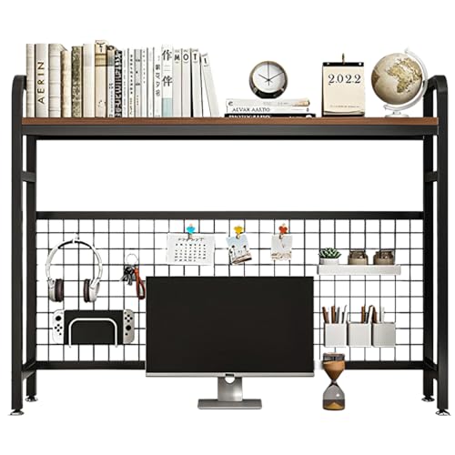 Desktop Bookshelf for Computer Desk, 1~2-Tier Multipurpose Wood Hutch Bookcase Organizer, Countertop Storage Hutch with Grid Panel, Desk Shelves for Office Home Dorm,Black 1tier 21in