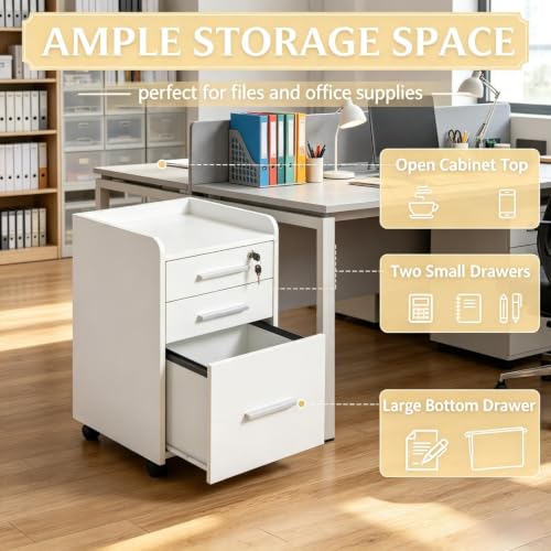 Tanimoreg White 3‑Drawer Mobile File Cabinet, Lockable Rolling Office Storage Cabinet with Raised Top Edge, Vertical Filing Cabinet for Home Office Document Organization