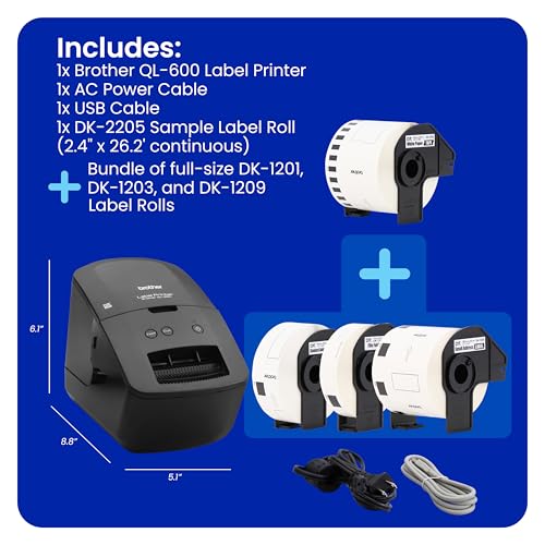 Brother QL-600 Desktop Monochrome Label Printer, up to 2.4" Label Width, No Ink Required, Bundle with 3 Rolls of Brother Genuine DK Label Tapes Included, 1500 Labels Total
