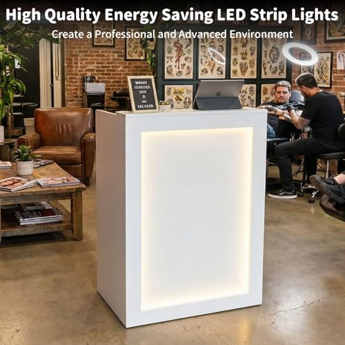 Reception Desk with Counter Modern Front Desk with Lockable Drawer Retail Checkout Counter with LED Light for Office Clothing Store Lobby Beauty Salon, 15.8x27x37.8in, White