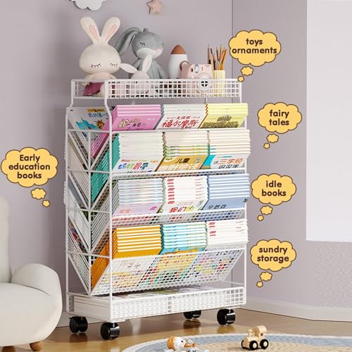 YHKJLYH 6 Tier Metal Rolling File Cart for Office Dorm Classroom Heavy Duty Book Cart with Wheels for Library and Living Room White
