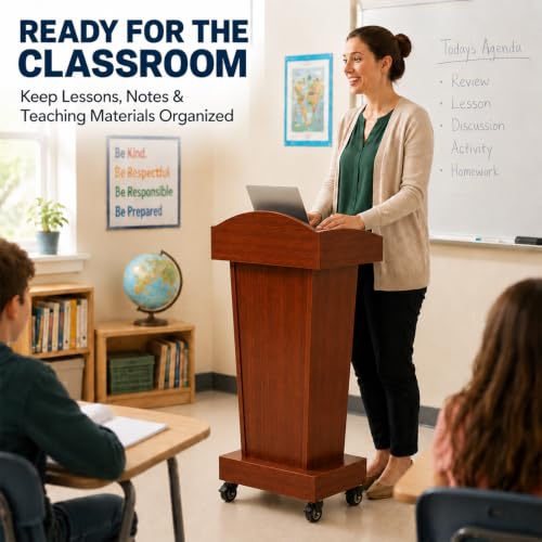 Wooden Pulpit Lectern Podium with Wheels and Storage for Church Classroom