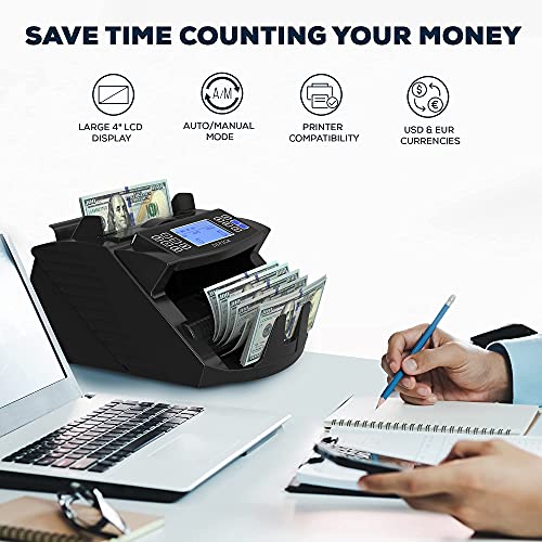 DETECK DT200 Money Counter Machine with Value Count - Large 4” LCD Display Cash Counter Machine, Add and Batch Modes, UV/MG/IR Counterfeit Detection Bill Counter, 1300 Bills/Min - Print Option