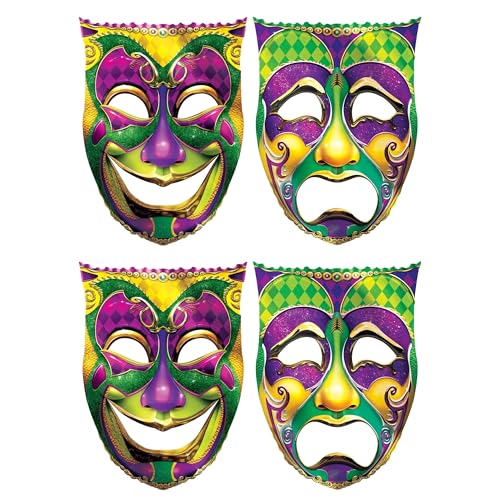 Beistle Jumbo Comedy & Tragedy Face Cutouts – 4 Pack, Large Foil Theater Masks, Mardi Gras Style Decorations, Masquerade Party Wall Décor, Carnival Theme Event Supplies, Photo Booth Props, 24¾" x 18¼"