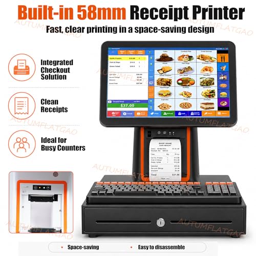 All in One Pos System Cash Register, 15.6" Touch Screen, Built-In Thermal Printer, I5 Processor, 8GB RAM, 128GB SSD, Barcode Scanner and Drawer for Small Business Retail and Restaurant Use Black