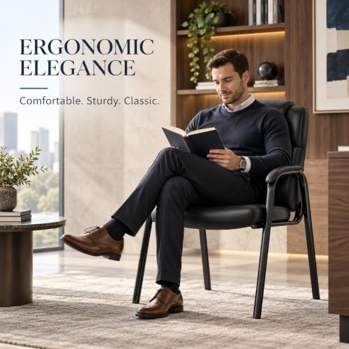 Simple Deluxe Office Guest Chair with Padded Arm Rest No Wheels, Waiting Room Reception Leather Stationary Chairs for Conference Room, Lobby, Home, Desk Table Side, Dining, 2 Pack Thickened Cushion