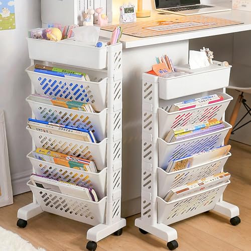 JS Ellie Movable White Bookshelf, Narrow Book cart with Wheels and Storage Baskets, Suitable for Studies, bedrooms, Living Rooms, and Offices 5-Tier